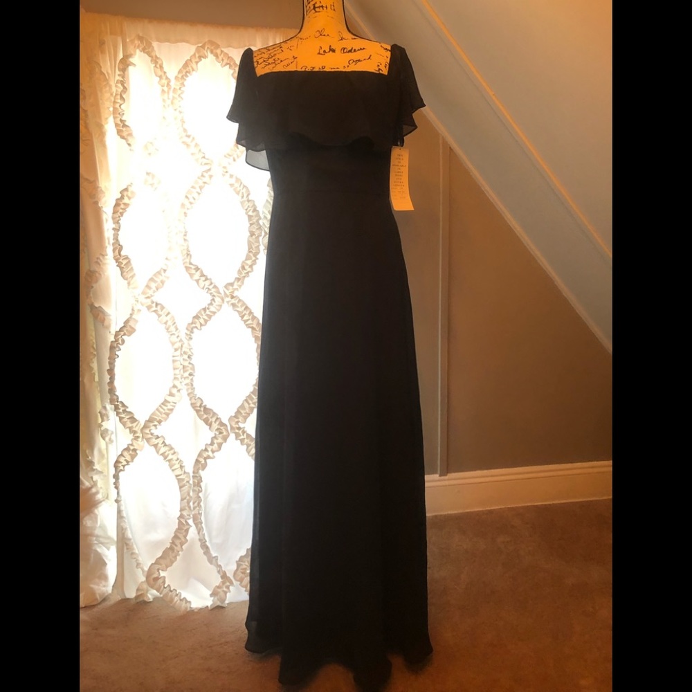 Bill Levkoff Black Off-Shoulder Ruffle Evening Gown